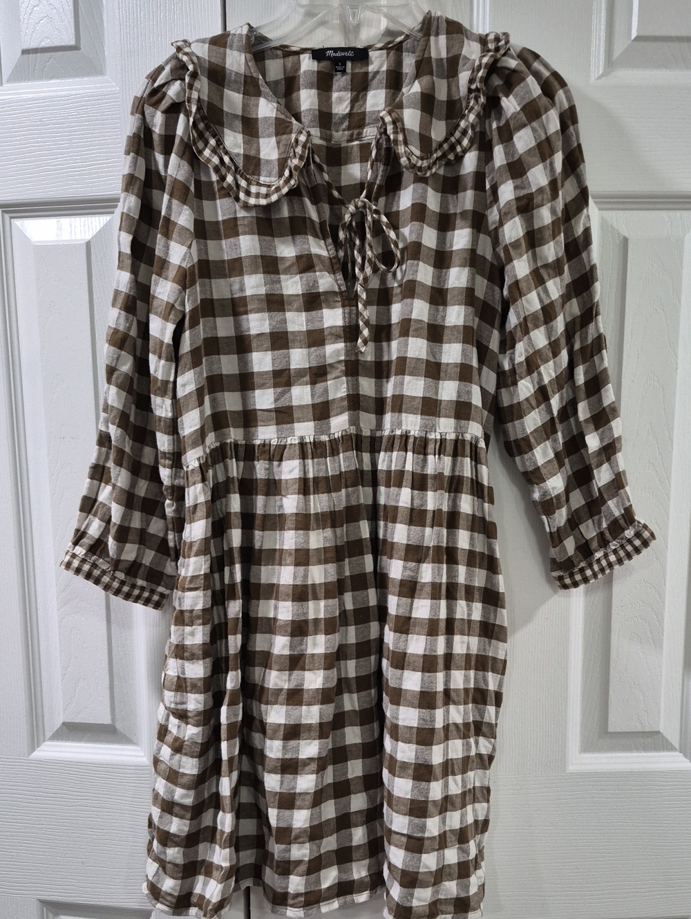 Madewell Brown & White Gingham Tie-Neck Mini Dress